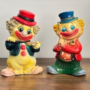 2 VINTAGE Clown Coin Piggy Bank Hong Kong Playing Violin Blue Hat Eyes Closed 70